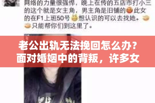 老公出轨无法挽回怎么办？面对婚姻中的背叛，许多女性都会感到痛苦和无助。在这个问题上，我采访了多位律师和心理咨询师，希望从他们的专业角度为大家提供一些帮助。